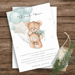 Small Cute Blue Bear Bearly Wait Balloon Baby Shower Thank You Invitations Front View