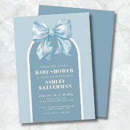 Small Cute Blue Bow Boy Baby Shower Invitation Front View