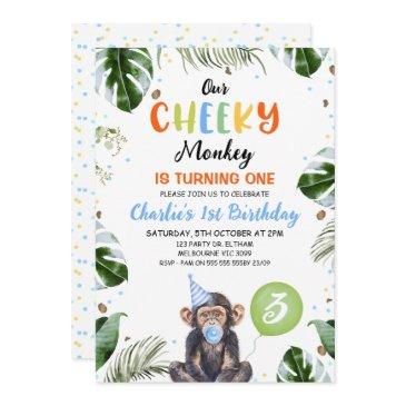 cute blue hat our cheeky monkey 1st birthday invitation