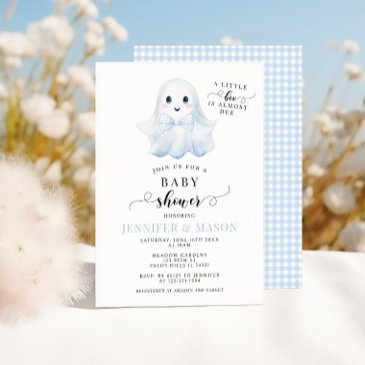 cute blue little boo ghost bow tie baby boy shower invitation