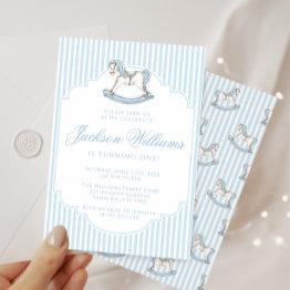 Small Cute Blue Rocking Horse Stiped Boho Birthday Boy Invitation Front View