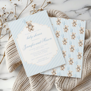 cute blue teddy bear vintage baby boy shower invitation