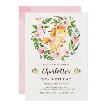 cute blush pink floral horse pony girl birthday invitation