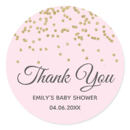 Small Cute Blush Pink Gold Glitter Thank You Baby Shower Classic Round Sticker Front View