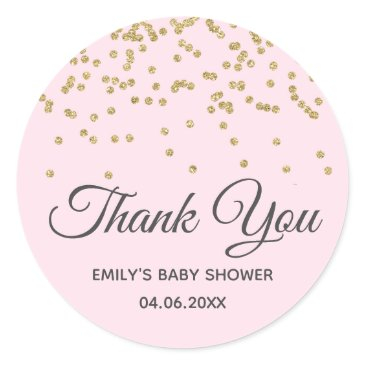 cute blush pink gold glitter thank you baby shower classic round sticker