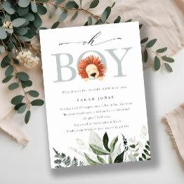 Small Cute Boho Lion Foliage Oh Boy Baby Shower Invite Front View