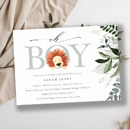 Small Cute Boho Lion Foliage Oh Boy Baby Shower Invite Front View