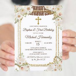 Small Cute Brown Mexican Baptism & First Birthday Invitation Front View