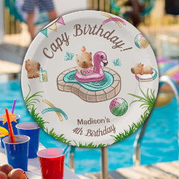 Small Cute Capybara Pool Party Paper Plates Front View
