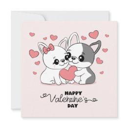 Small Cute Cartoon Bulldog Lovers Hearts Valentine’s Day Holiday Invitations Front View