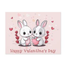 Small Cute Cartoon Rabbit Lovers Hearts Valentine’s Day Postinvitations Front View