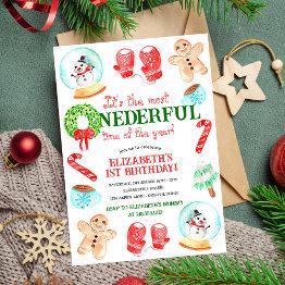Small Cute Christmas Most Onederful First Birthday Invitation Front View