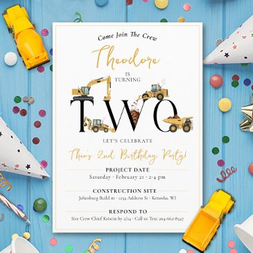 cute construction dump truck 2nd birthday party invitation