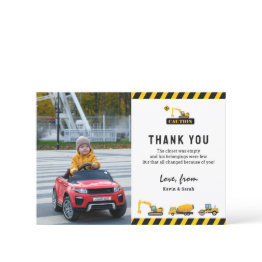 Small Cute Construction Trucks Photo Birthday Thank You Invitations Front View