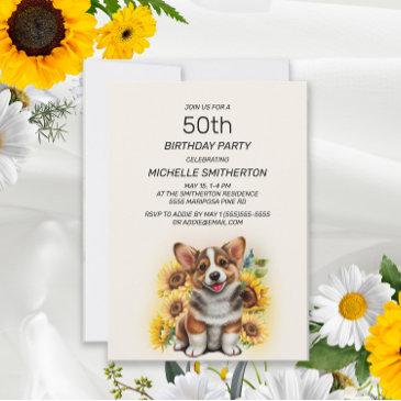 cute corgi dog sunflowers 50th birthday invitation