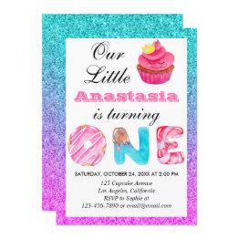 Small Cute Cupcake Blue Purple Glitter 1st Birthday One Invitation Front View