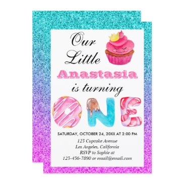 cute cupcake blue purple glitter 1st birthday one invitation