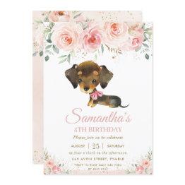 Small Cute Dachshund Puppy Dog Pink Floral Girl Birthday Invitation Front View