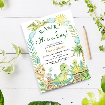 cute dinosaur egg watercolor boy baby shower invitation