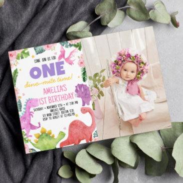 cute dinosaur girl 1st birthday invitation