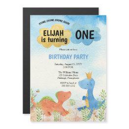 Small Cute Dinosaurs Playing Boy 1st Birthday Magnetic Invitation Front View