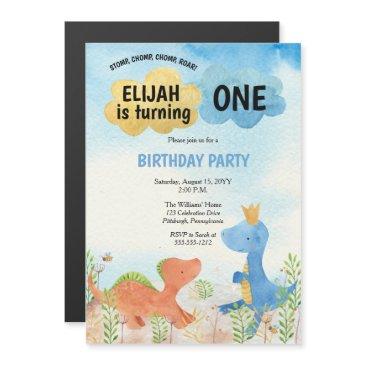 cute dinosaurs playing boy 1st birthday magnetic invitation