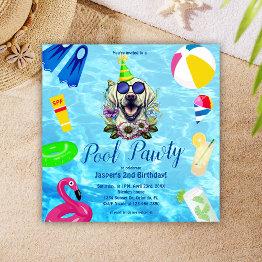 Small Cute Dog Pool Party Birthday Invitation Front View