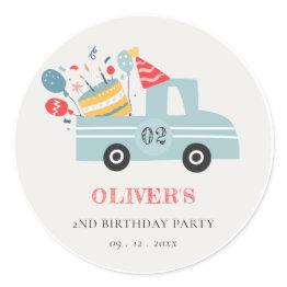 Small Cute Dusky Blue Any Age Birthday Party Cake Truck Classic Round Sticker Front View