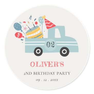 cute dusky blue any age birthday party cake truck classic round sticker