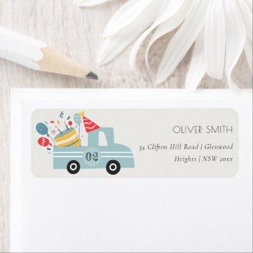 cute dusky blue any age birthday party cake truck label