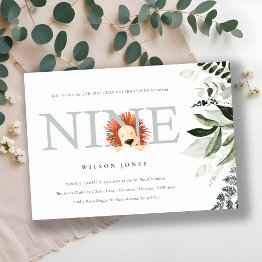 Small Cute Dusky Blue Lion Foliage 9th Ninth Birthday Invitation Front View