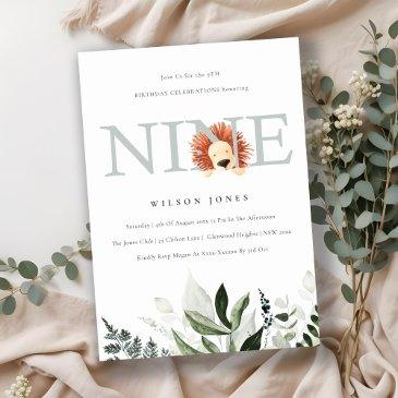 cute dusky blue lion foliage 9th ninth birthday invitation