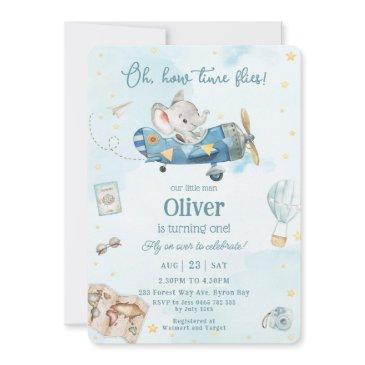 cute elephant plane adventure time flies birthday invitation