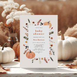 Small Cute Fall Floral Frame Pumpkin Baby Shower Invitation Front View