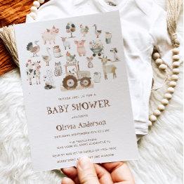 Small Cute Farm Animals Barnyard Neutral Baby Shower Invitation Front View