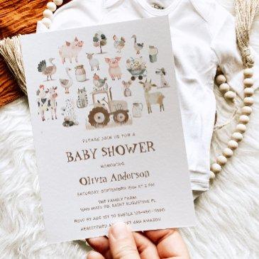 cute farm animals barnyard neutral baby shower invitation