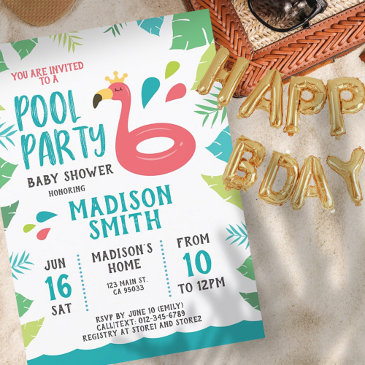 cute flamingo tropical pool party baby shower invitation
