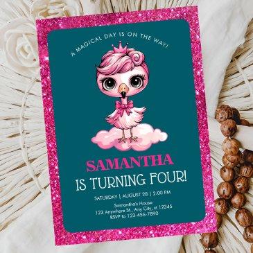 cute flamingo with crown birthday invitation