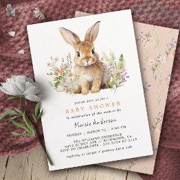 Small Cute Floral Bunny | Rabbit Spring Baby Shower Invitation Front View