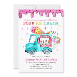 Small Cute Four Ice Cream Truck 4th Summer Kids Birthday Invitation Front View