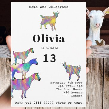 cute goats girls birthday party colorful invitation