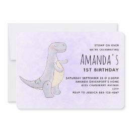 Small Cute Gray Dinosaur Toy Watercolor Birthday Invitation Front View
