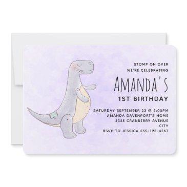 cute gray dinosaur toy watercolor birthday invitation