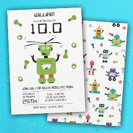 Small Cute Green Robot Theme Kids Robots Birthday Party Invitation Front View