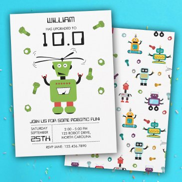 cute green robot theme kids robots birthday party invitation