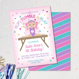 Small Cute Gymnastics Pink Hair Jump Birthday Party Invitation Front View