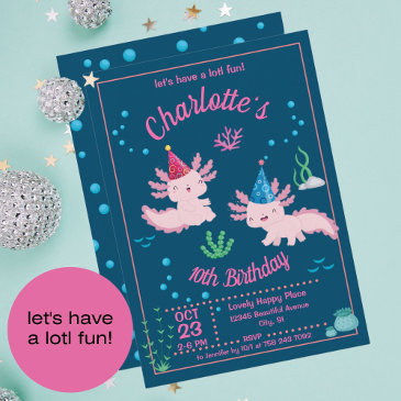 cute happy axolotl birthday party invitation