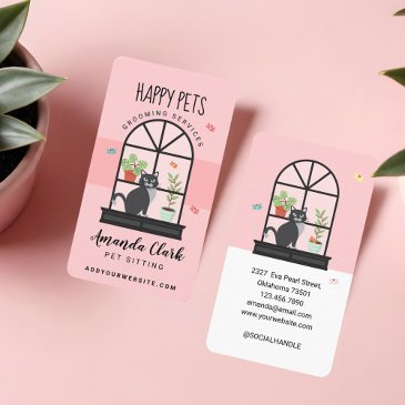 cute happy black cat on window sill pet sitting business invitations