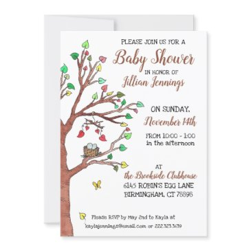 cute heart leaves and bird nest baby shower invitation