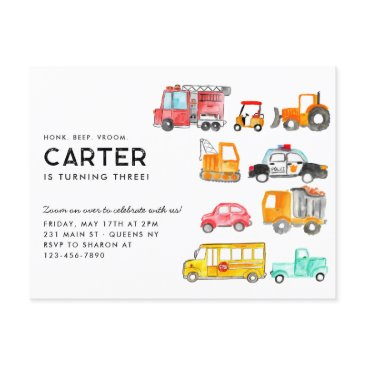 cute honk beep vroom transportation kids birthday postinvitations